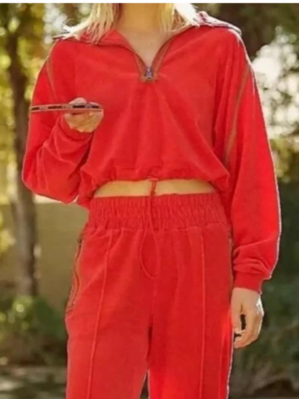 FP MOVEMENT FRIDAY LOVE TOMATO RED VELOUR 1/2 ZIP CROP PULLOVER